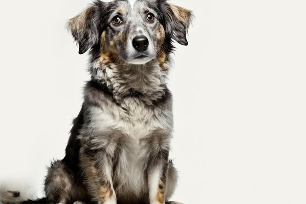 Dreijähriger Hund unbekannter Rasse sitzt auf einem weißen Hintergrund