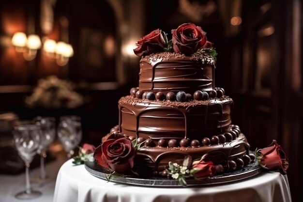 Dreistufiger Schokoladenkuchen mit Beeren und Blumen, hergestellt mit generativer KI-Technologie