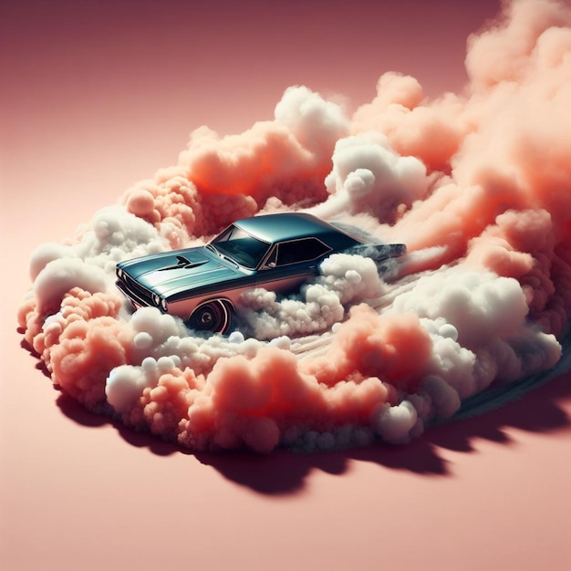 Foto drift de carro dinâmico com fumaça dramática contra um fundo de estúdio