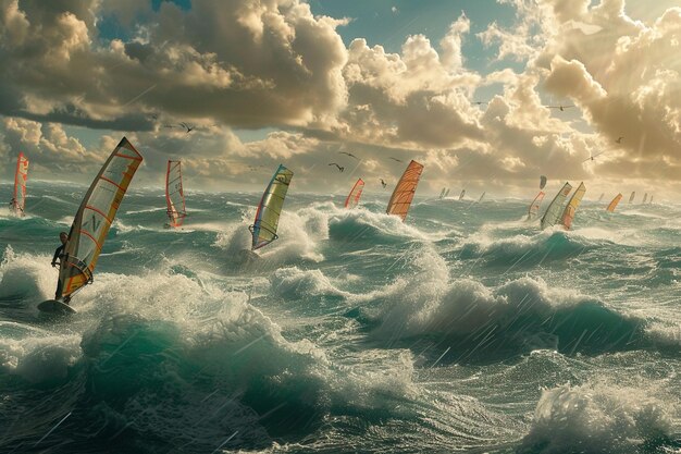 Drift entlang des Küstenpanoramas, wo Windsurfer generative ai