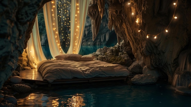 Foto drift off para dormir em uma sala de caverna etérea sonhosa completo com cortinas em cascata e luzes ling d