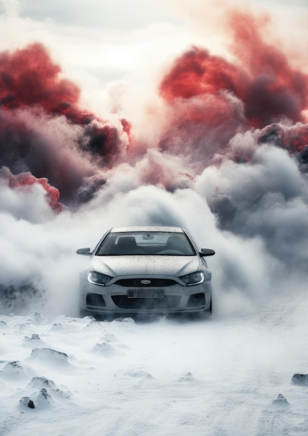Driftender schneller Sportwagen auf verschneiter, nasser Straße mit Schleuderautounfall, Feuer Generative KI