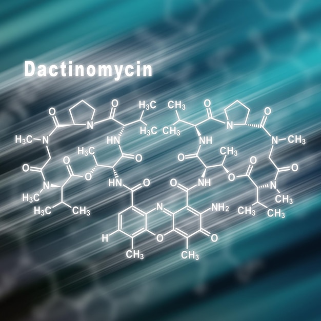 Droga de quimioterapia de câncer de Dactinomicina, fundo futurista de fórmula química estrutural