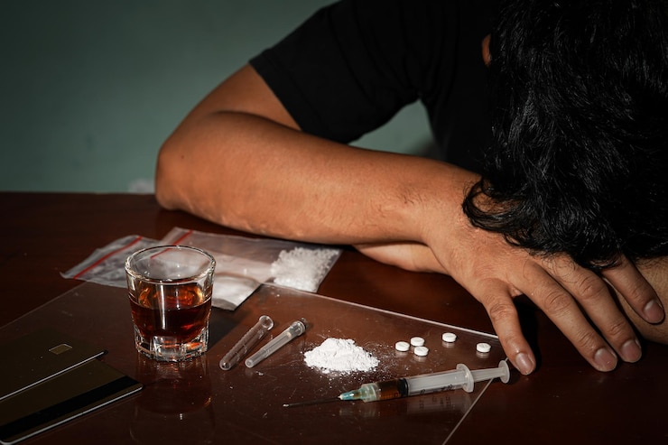 Foto drogadicto y alcohólico sentado solo y hombre adicto deprimido sintiéndose ansioso y solo