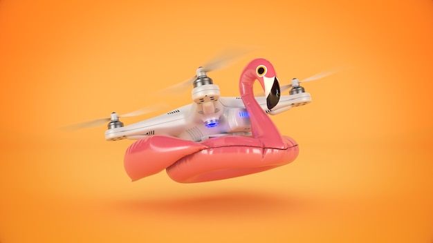 Drohne auf aufblasbarem rosa Flamingo 3D-Rendering