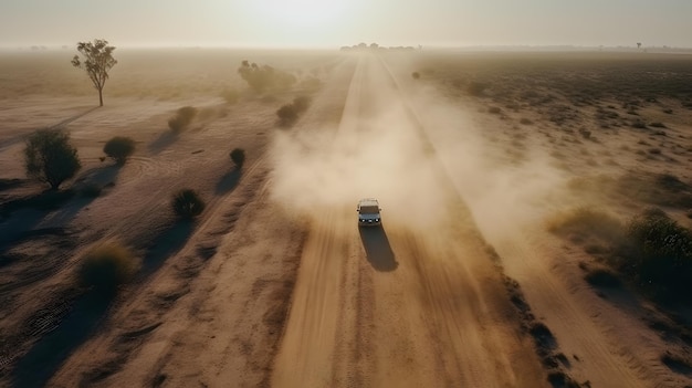 Drohne erfasst Lastwagen auf staubiger Wüstenautobahn inmitten der kargen Landschaft des australischen Outbacks, in der Wind und Sand wirbeln