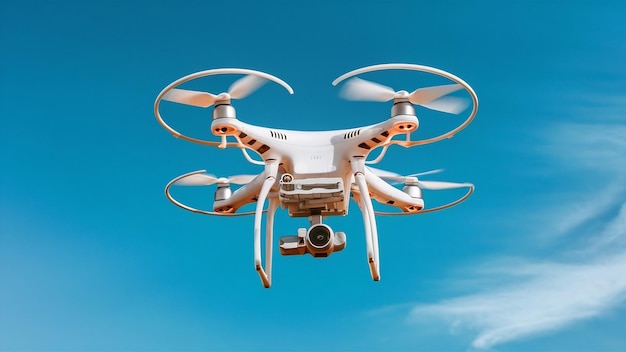 Drohne fliegt auf blauem Himmel