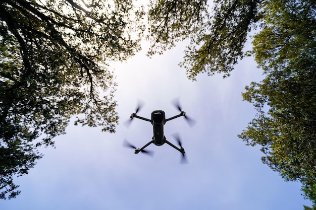 Drohne fliegt in den blauen Himmel zwischen den Zweigen der Bäume