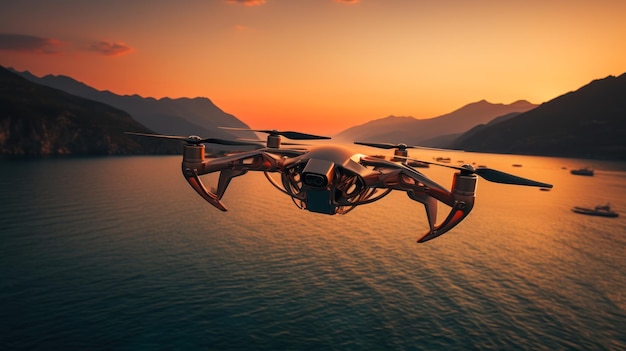 Drohne fliegt über das Meer bei Sonnenuntergang, Sonne, generative KI