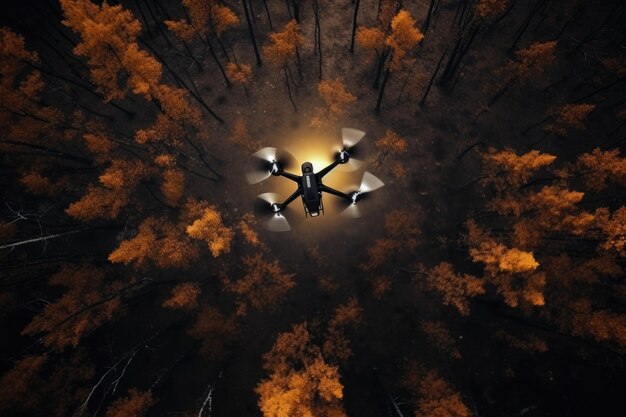 Drohne fliegt über Herbstwald mit generativer Luftaufnahme von oben