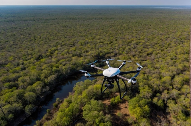 Drohne fliegt über Wald mit Solarpanel