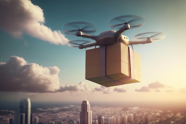 Drohne liefert ein Paket Generatives KI-Cloud-Computing-Konzept
