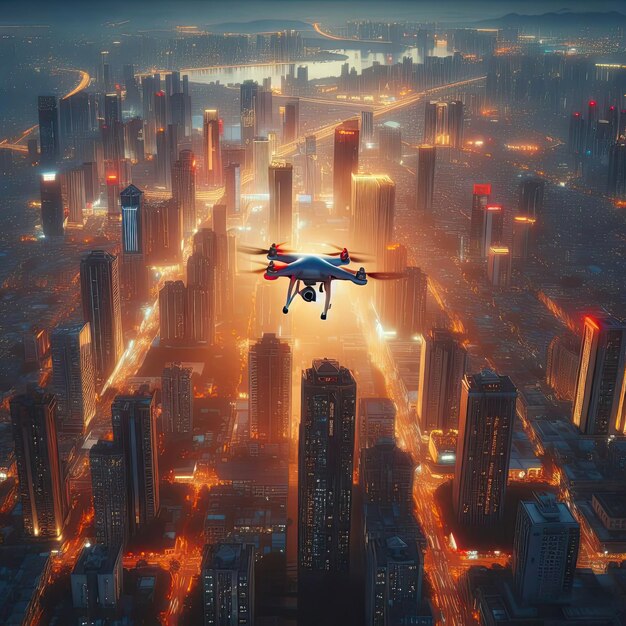 Drohne mit Blick auf ein geschäftiges Stadtbild mit generativer KI