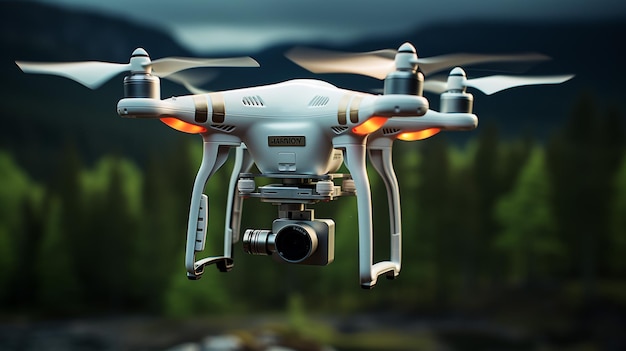 Drohne mit digitaler Kamera, die am sonnigen Himmel fliegt Moderne RC-Quadcopter