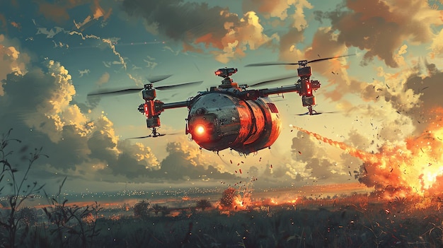 Drohne mit einer Bombe an Bord fliegt im Himmel Kriegskonzept-Illustration