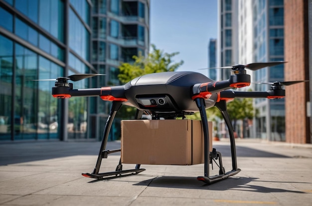 Drohne mit Kamera, die in städtischen Gebieten startet