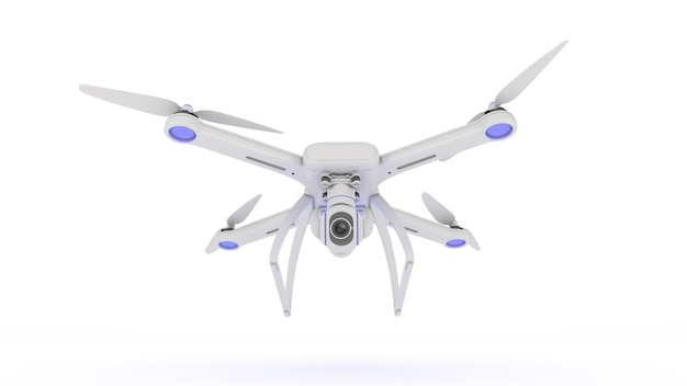drohne, quadrocopter, mit fotokamera, die in den blauen himmel fliegt. 3D-Rendering