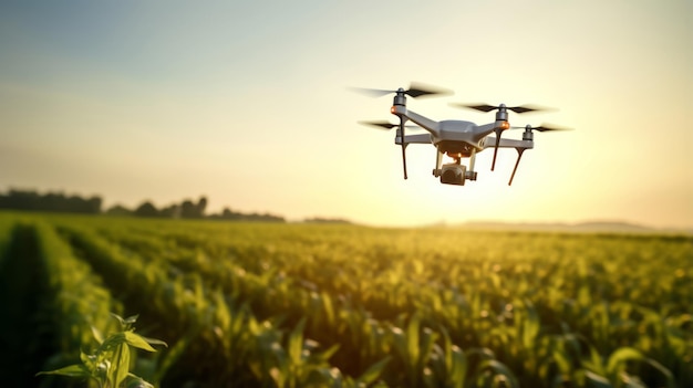 Drohnen, die gegen das Sonnenlicht über landwirtschaftliche Felder fliegen