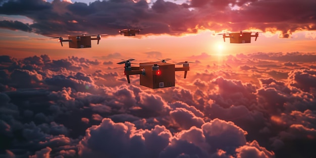Drohnen, die in einer Kartonbox über den Himmel fliegen, Generative Ai