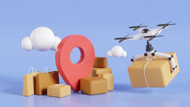 Drohnen liefern Pakete an Ziele mit GPS-Standort Lieferung per Drohnenkonzept 3D-Rendering