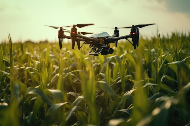 Drohnen-Quadcopter mit Digitalkamera fliegt über Maisfeld. Landwirtschafts-Drohnenüberwachung, grünes Maisfeld, KI generiert