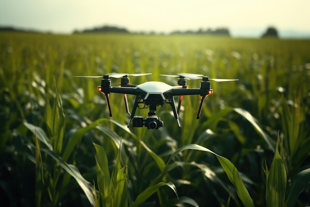 Drohnen-Quadcopter mit Kamera, der über das Maisfeld fliegt. Landwirtschafts-Drohnenüberwachung, grünes Maisfeld, KI generiert