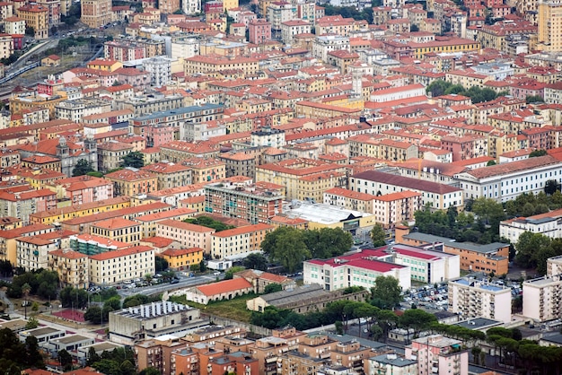 Drohnenansicht vieler Wohngebäude mit roten Dächern und üppigen Bäumen in den Straßen der Stadt