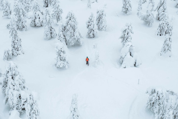 Drohnenaufnahme von Menschen, die in einem verschneiten Wald in Lappland, Finnland, wandern?