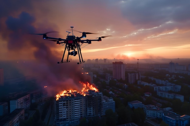 Drohnenflugzeug über einer brennenden Stadt bei Sonnenuntergang oder Sonnenaufgang