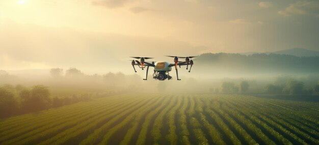 Drohnenflugzeuge über Ackerland bei Sonnenaufgang