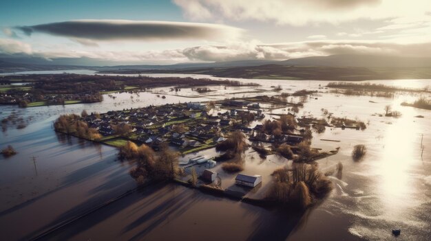 Drohnenfoto der Stadt, das die überfluteten Felder an einem regnerischen Wintertag während einer großen Überschwemmung nach einem Sturm zeigt