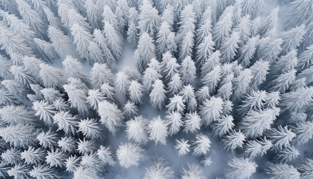 Drohnenfoto eines mit Schnee bedeckten immergrünen Baumes