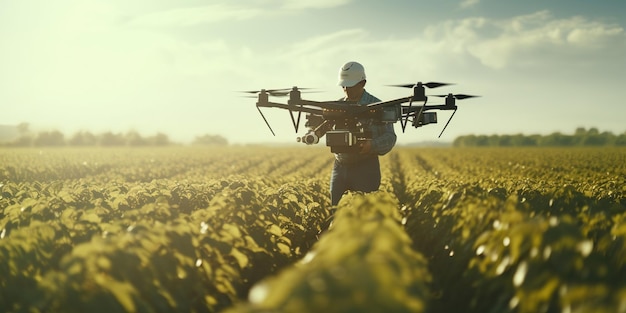 Un dron agrícola poliniza con gracia un campo agrícola, la naturaleza y la tecnología se entrelazan para obtener cosechas abundantes. IA IA generativa