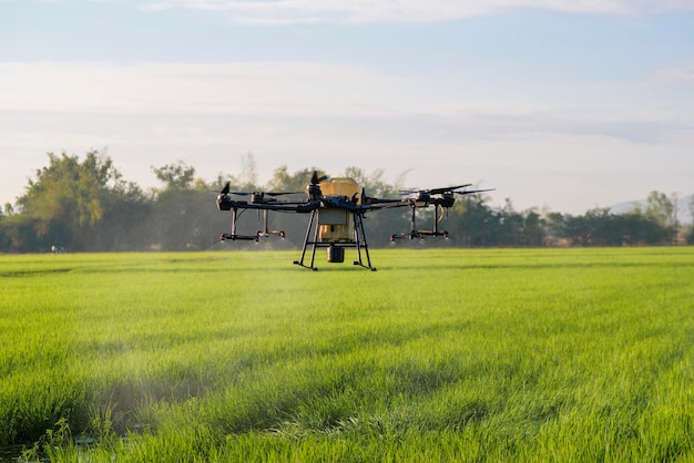 Dron agrícola volando y rociando fertilizantes y pesticidas sobre tierras de cultivo