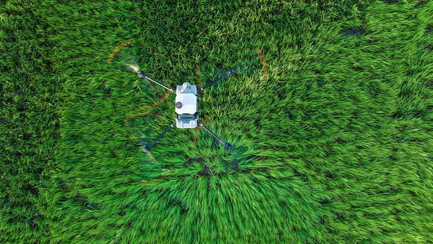 Dron agrícola volando y rociando fertilizantes y pesticidas sobre tierras de cultivoAlto