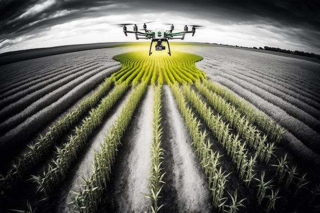 Foto dron agrónomo dando vueltas entre hileras de granos plantados en el campo de los agricultores