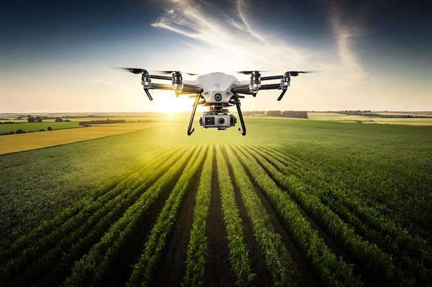 Dron agrónomo volando sobre un gran campo agrícola con cultivo creado con ai generativo