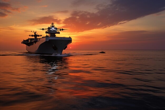 Dron de agua cerca de un gran barco militar