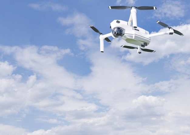 El dron de alta tecnología volando en el cielo Drone con cámara profesional toma fotografías Helicóptero con cámara digital de alta resolución Moderna tecnología 3d renderizado