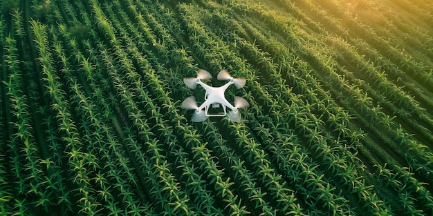 Un dron blanco está volando sobre un campo de maíz