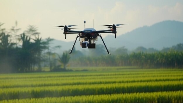 un dron blanco y negro volando sobre un exuberante campo verde