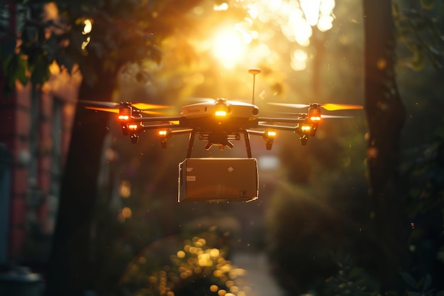 Un dron con una caja de carga vuela en medio de la luz del sol dorada filtrando a través de los árboles en un entorno urbano