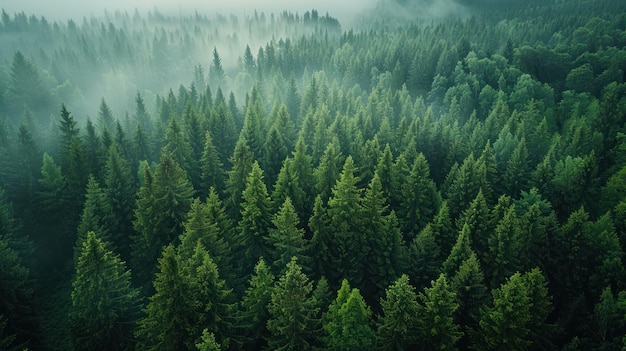 Foto un dron capturó una imagen de un denso bosque con innumerables árboles cubiertos de espesa niebla.