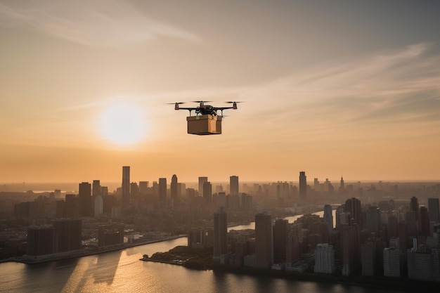 Dron de entrega con paquete volando con fondo de paisaje urbano IA generativa