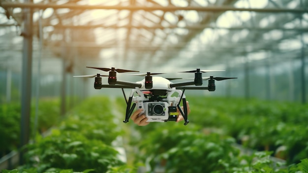 Dron de entrega que entrega los paquetes al centro de distribución y a los clientes desde el almacén