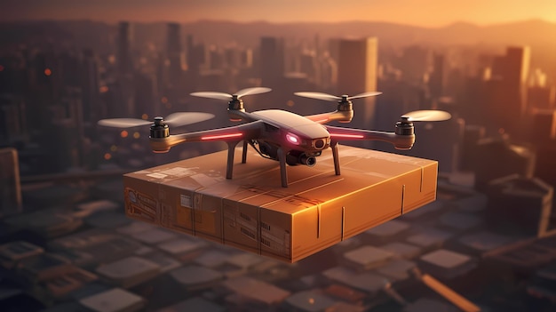 Dron de entrega volando con fondo de paisaje urbano IA generativa