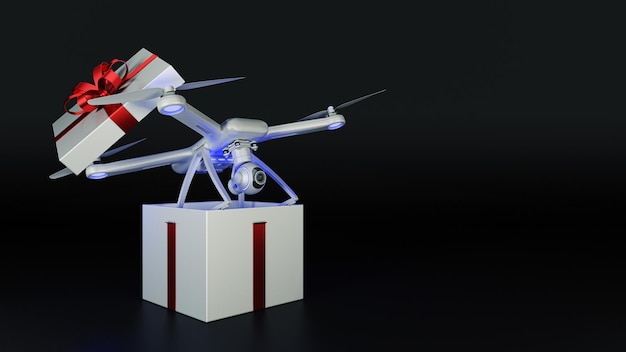 Un dron está en un cuadro blanco con una franja roja que dice 'el dron está en un fondo negro'