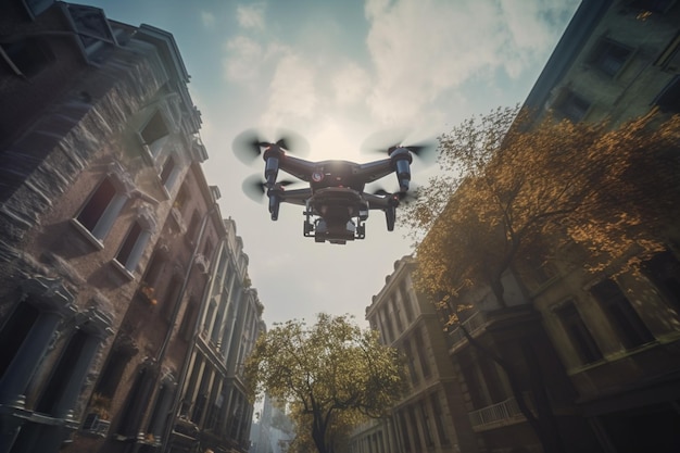 El dron está volando por una ciudad con IA generativa