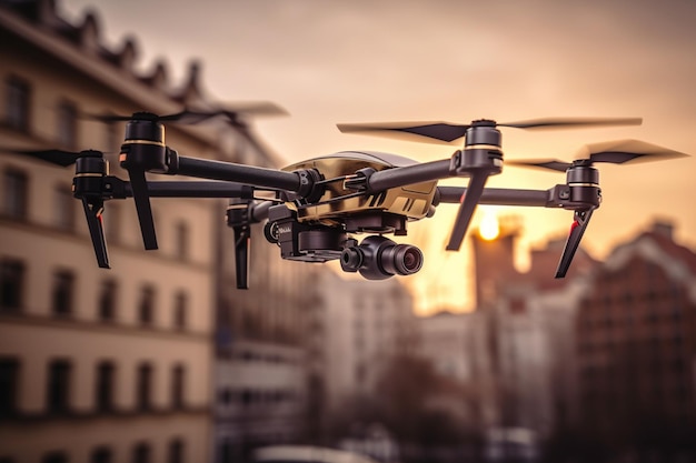 El dron está volando por una ciudad con IA generativa