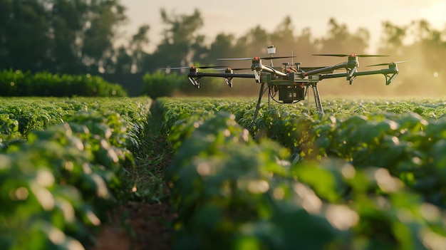 un dron está volando sobre un campo de cultivos